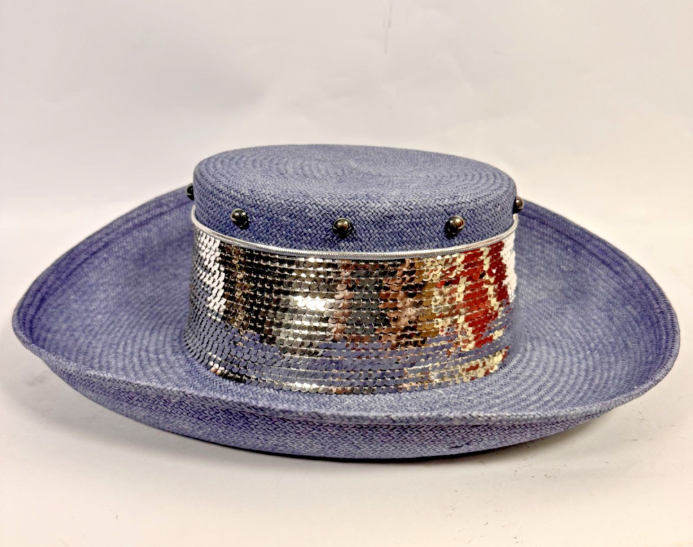 Vintage 1980's Sonni SF Navy Blue Wide Brim Woven Hat Sequin Jewel Statement